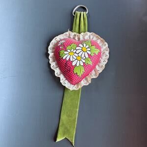 Vintage 1970s Handmade Heart Wall Hanging Daisy Floral Lace Velvet Ribbon